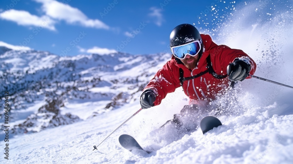 A determined skier, wearing red, expertly slices through the snow on a sunny mountain day, embodying the thrill and dexterity centered in alpine sports adventure. A determined skier, wearing red, expertly slices through the snow on a sunny mountain day, embodying the thrill and dexterity centered in alpine sports adventure.