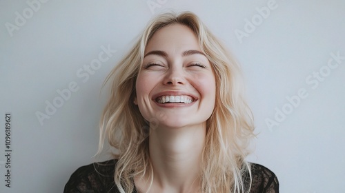 Bright and Joyful Blonde Woman Smiling and Laughing in Portrait