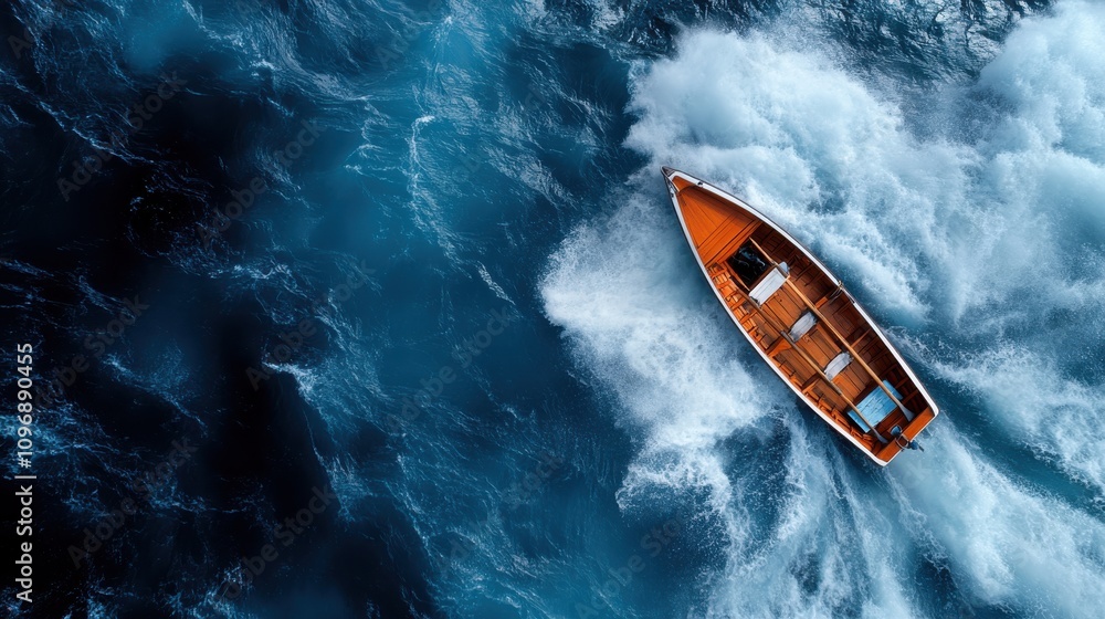 Aerial shot depicts an empty brown wooden boat floating amid tumultuous ocean waves, evoking solitude and tranquility under an expansive azure sea environment. Aerial shot depicts an empty brown wooden boat floating amid tumultuous ocean waves, evoking solitude and tranquility under an expansive azure sea environment.