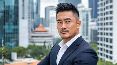 Confident Asian Businessman in Suit Posing with Skyscrapers Backdrop