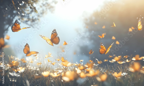 Wallpaper Mural A serene scene of butterflies fluttering over a field of flowers in soft, warm light. Torontodigital.ca
