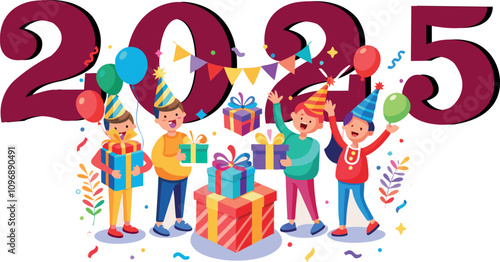 Children celebrating new year's eve 2025 with gifts and balloons