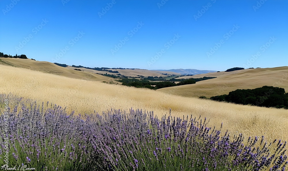 Obraz premium A serene landscape featuring rolling hills and blooming lavender under a clear blue sky.