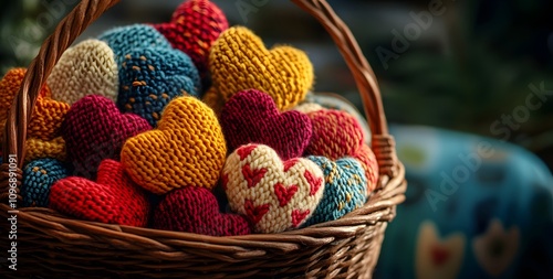 A basket of hand-knitted woolen yarn with heart-shaped patterns, vibrant colors, professional product photography, studio lighting, high-resolution imagery,  photo