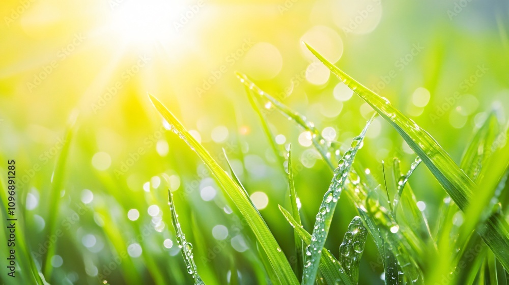 Fototapeta premium Dew-Kissed Grass Blades in Morning Sunlight