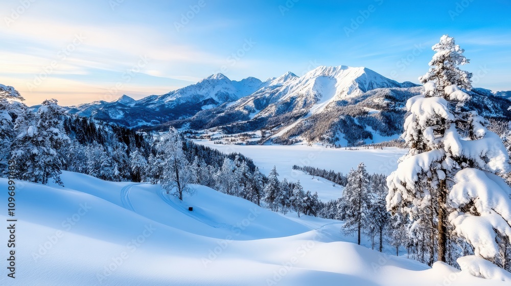 A wide, sweeping view of a snow-covered landscape with distant mountain peaks, under a bright blue sky, evoking feelings of serenity and peacefulness.