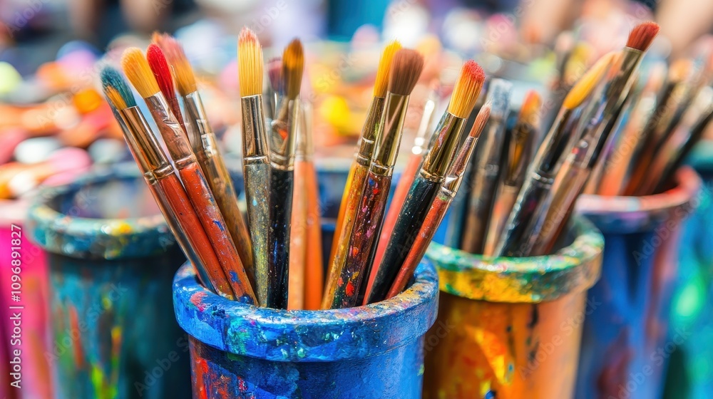 Colorful paintbrushes in paint-splattered holders. Colorful paintbrushes in paint-splattered holders.