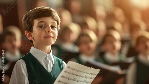 A young boy wearing a white shirt and green vest holds a music sheet as he stands in front of the choir. In the background, many children are singing. 