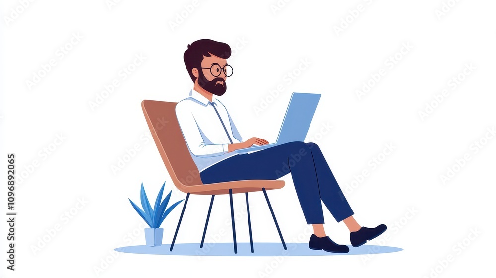 Young man with glasses working on laptop while sitting on chair, modern office setup with indoor plant, minimalistic workspace illustration, digital productivity concept Young man with glasses working on laptop while sitting on chair, modern office setup with indoor plant, minimalistic workspace illustration, digital productivity concept