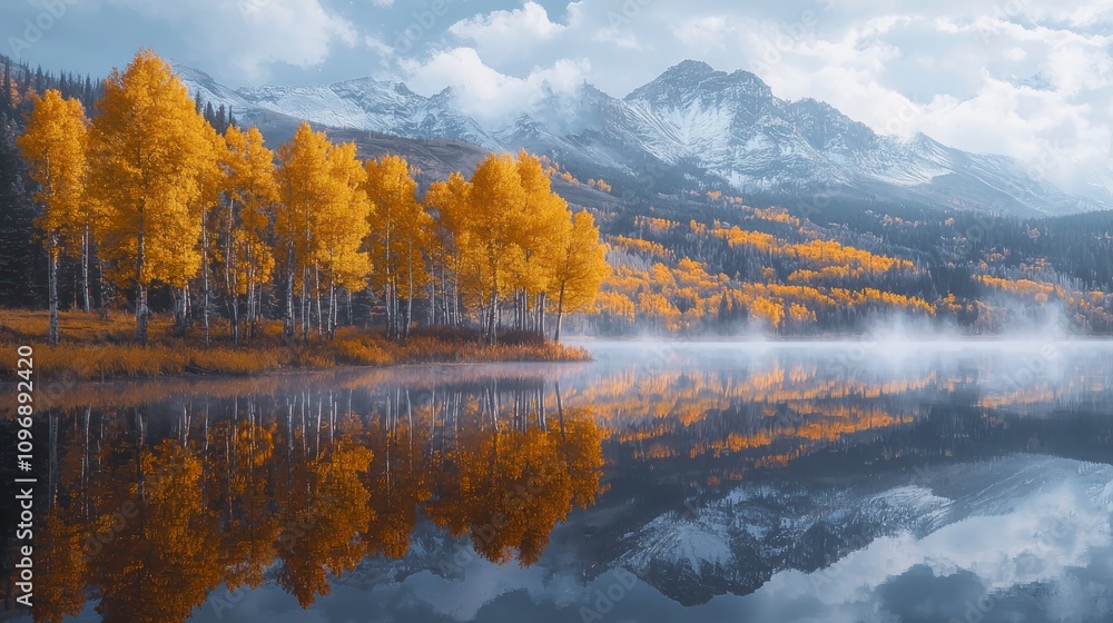 Fototapeta premium A serene autumn landscape featuring golden aspen trees by the lake with mist and mountains