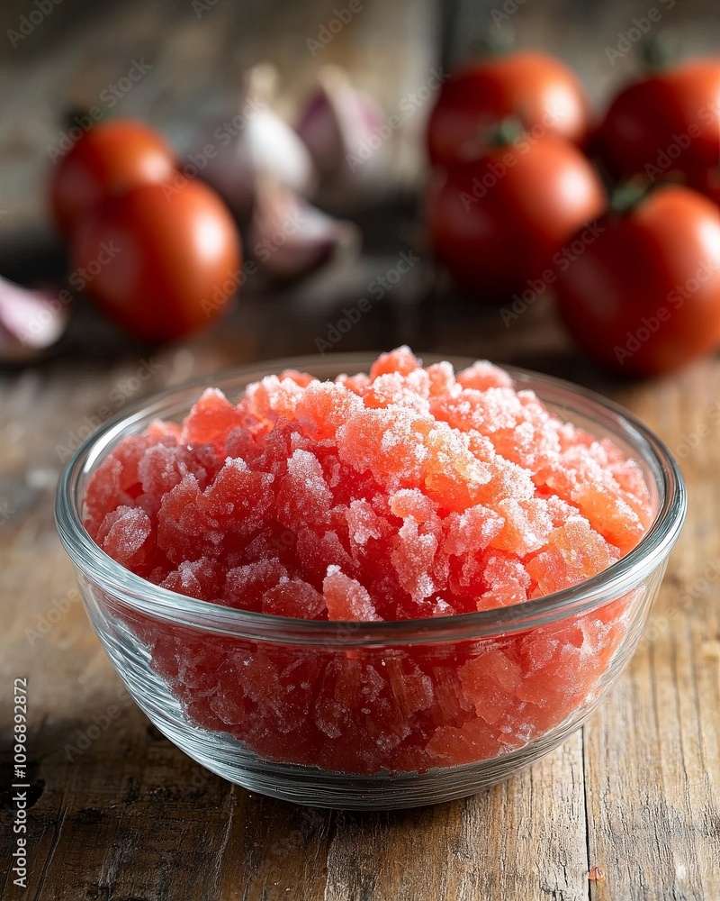 Fresh and frozen grated tomatoes in a glass bowl for culinary use Fresh and frozen grated tomatoes in a glass bowl for culinary use