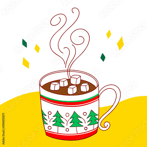 Christmas Hot Chocolate Mug: Festive Red & Green Design with Marshmallows - Holiday Vector Illustration.