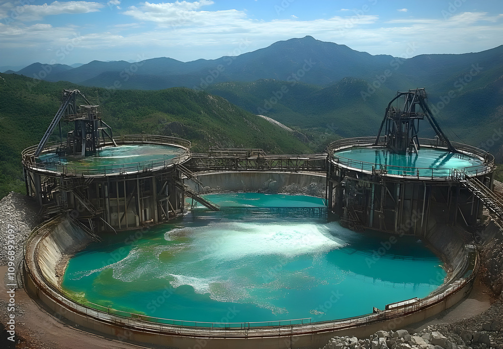 Open Air Gold Nugget Mine with Large Water Pits and Mountains Open Air Gold Nugget Mine with Large Water Pits and Mountains