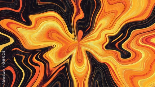 Abstract orange and black butterfly-shaped liquid swirl pattern.