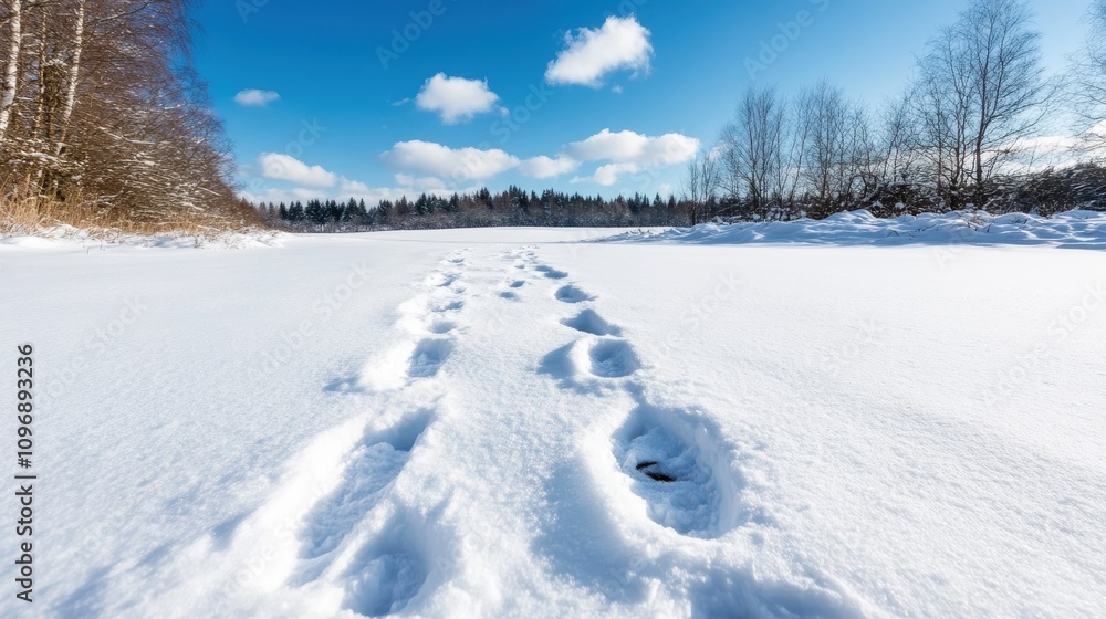 Footprints traverse a snowy open plain, framed by bare trees and distant forests, under a clear, bright sky, evoking the tranquility and isolation of winter.