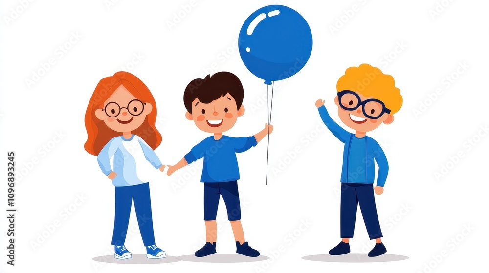 Fototapeta premium Happy Children in a Bright Setting Holding Hands, Smiling with a Blue Balloon in a Colorful and Cheerful Environment for Family and Childhood Themes