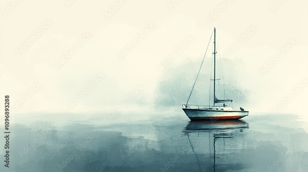 Fototapeta premium Sailboat in misty calm waters, serene and minimalist