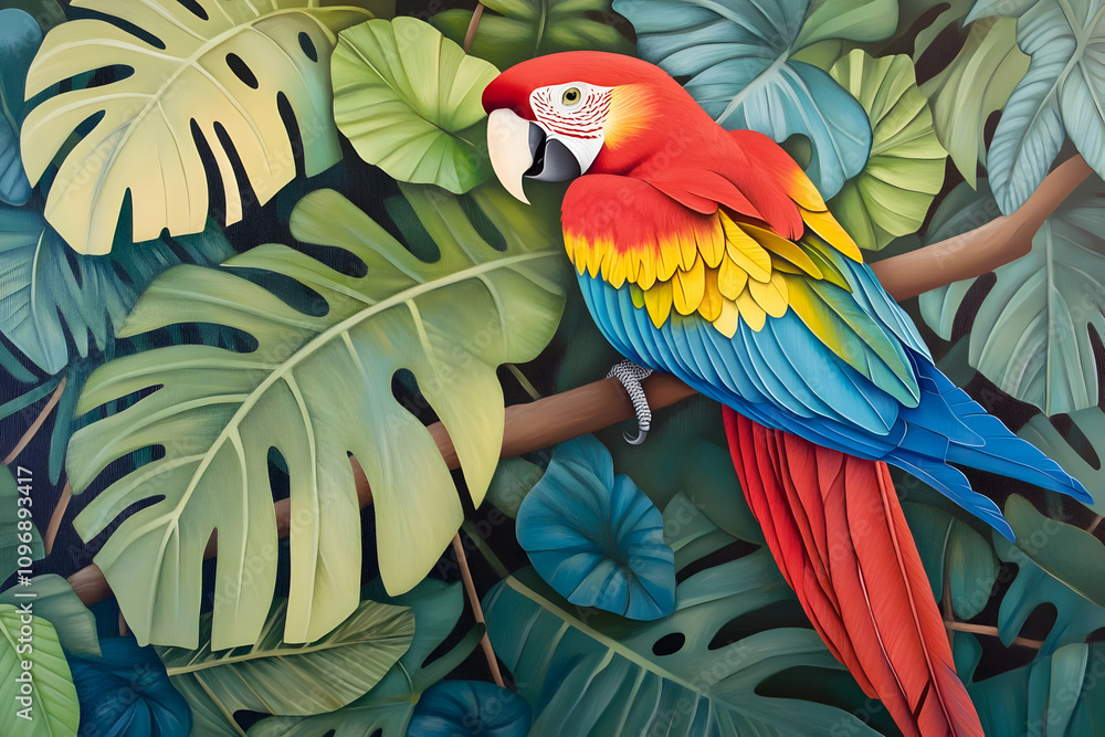 Obraz premium A vibrant parrot perched among lush tropical leaves, showcasing vivid colors and nature's beauty.