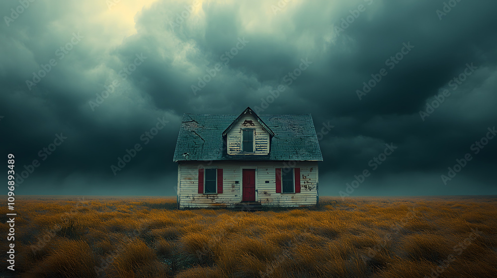 A cinematic still of a small house in the middle of an open field, surrounded by dark clouds. The scene evokes a sense of solitude and tranquility, symbolizing peaceful isolation and the contrast betw A cinematic still of a small house in the middle of an open field, surrounded by dark clouds. The scene evokes a sense of solitude and tranquility, symbolizing peaceful isolation and the contrast betw