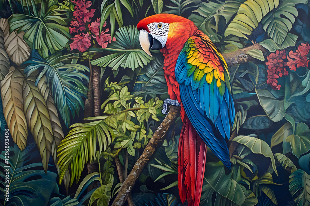 Obraz premium A vibrant parrot perched among lush tropical foliage, showcasing nature's beauty.