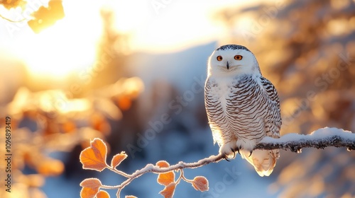 A beautiful snowy owl with orange eyes is perched gracefully on a snow-covered branch, illuminated by the warm glow of the setting sun in a wintry landscape. photo