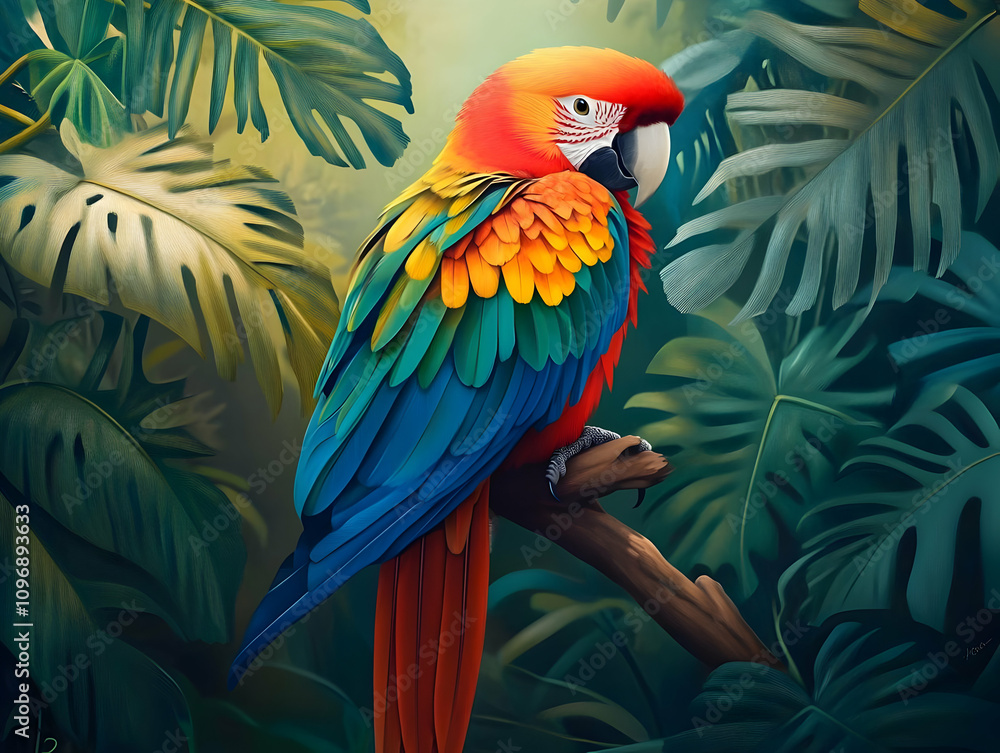 Obraz premium A vibrant parrot perched amidst lush tropical foliage.