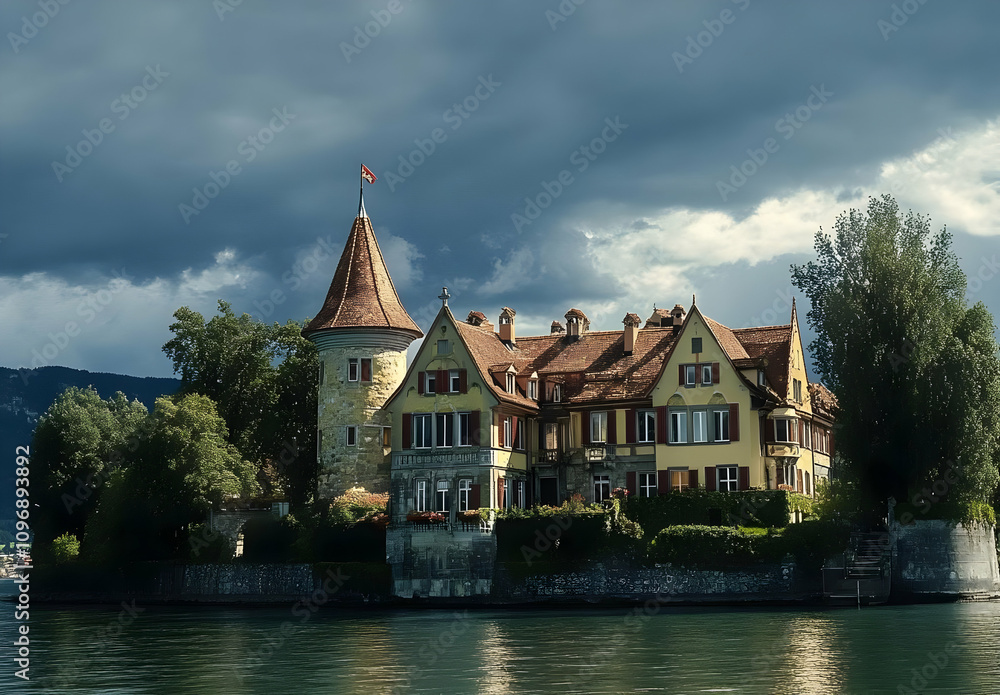 Fototapeta premium Historic Habsburg Castle Amidst Scenic Lakeside Views and Stormy Skies