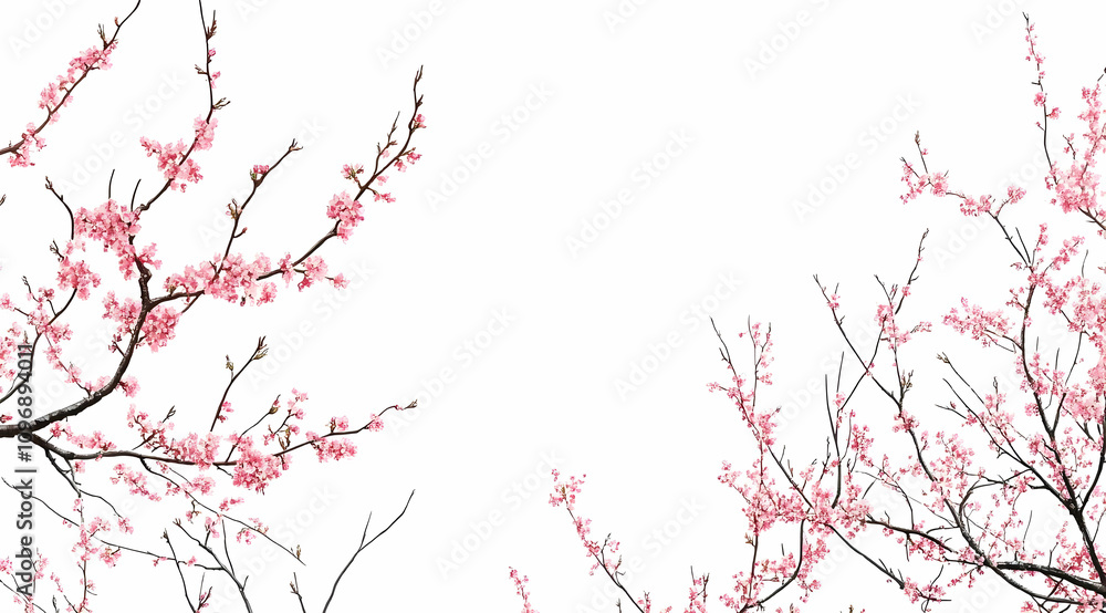 Delicate Peach Blossoms on Tree Branches Against White Background Delicate Peach Blossoms on Tree Branches Against White Background