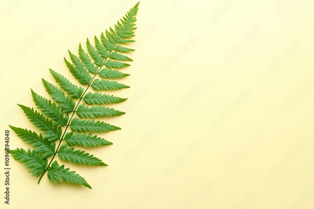 Green fern leaf on yellow background with space for text Green fern leaf on yellow background with space for text