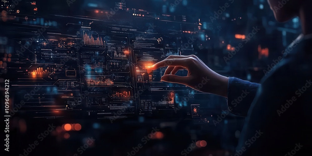 A hand reaching towards a glowing digital interface, symbolizing interaction with advanced technology and data visualization in a dark, futuristic environment. A hand reaching towards a glowing digital interface, symbolizing interaction with advanced technology and data visualization in a dark, futuristic environment.