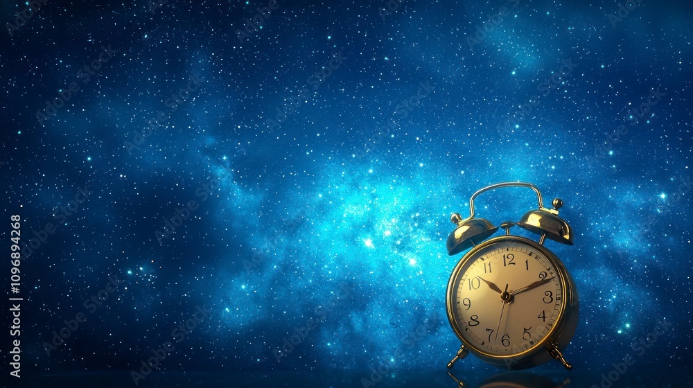 Golden alarm clock against a blue starry night sky background Golden alarm clock against a blue starry night sky background