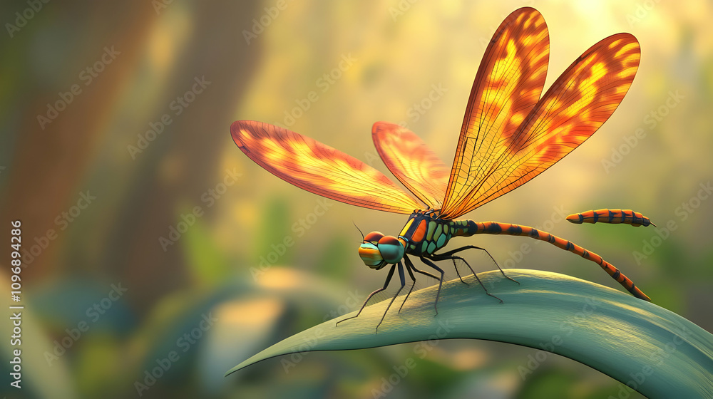 A vibrant dragonfly perched on a leaf in a sunlit forest setting. A vibrant dragonfly perched on a leaf in a sunlit forest setting.