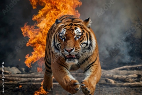 gorgerous tiger portrait, burning fire in background photo