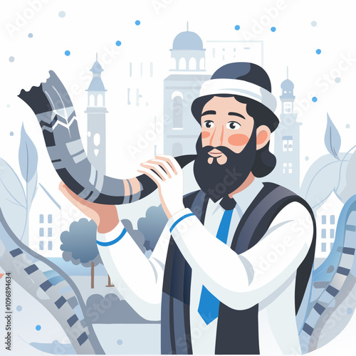 Jewish Man Blowing Shofar in Traditional Clothing with Urban Background