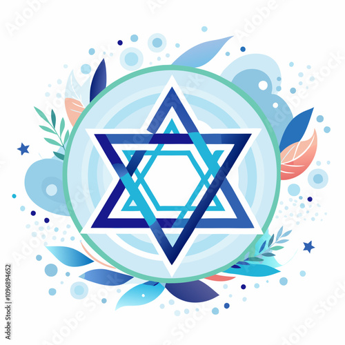 Decorative Star of David with Blue and Green Elements and Floral Background