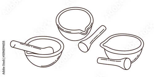 Set of outline mortar and pestle. Concept of medical, chemical ware. Porcelain bowl for grinding ingredients.