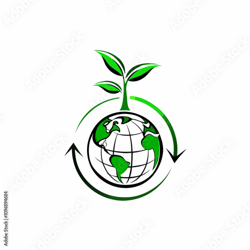 Eco-friendly logo with a globe and green plant symbolizing sustainability and recycling photo