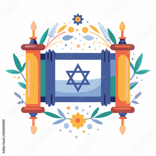 Jewish Torah Scroll with Floral Decorations and Star of David Design