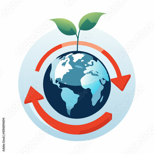 Small green plant sprouting from blue globe encircled by red recycling arrows. Stylized illustration depicts Earth's regeneration cycle. Concept: environmental conservation, sustainability programs