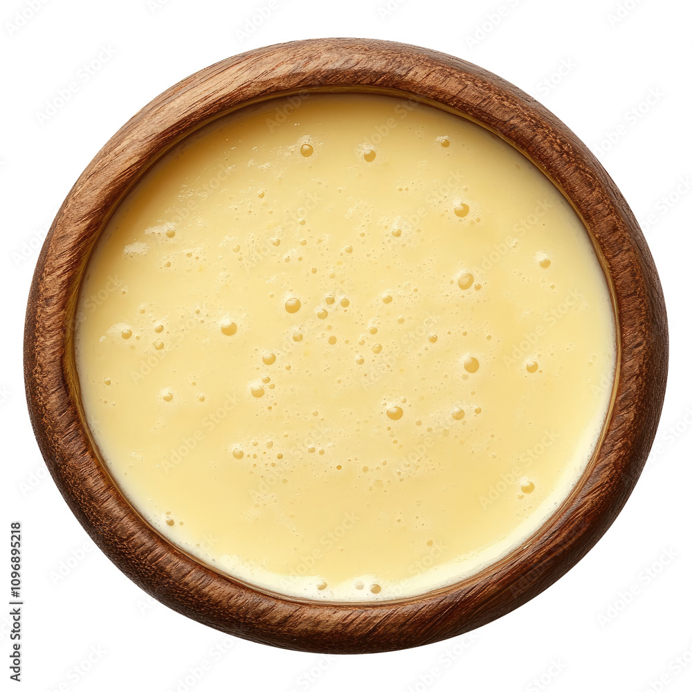 Wooden bowl of homemade vanilla custard isolated on transparent white background, clipping path Wooden bowl of homemade vanilla custard isolated on transparent white background, clipping path