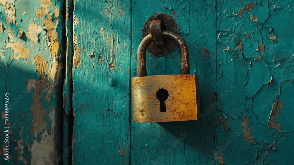 Rusty open padlock hanging on a weathered wooden door in close-up Rusty open padlock hanging on a weathered wooden door in close-up