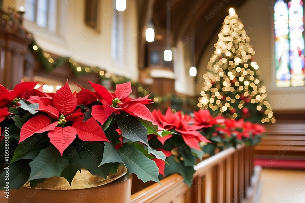 Fototapeta premium Close up of red poinsettia flowers and candles on pew in church with Christmas decorations in the background