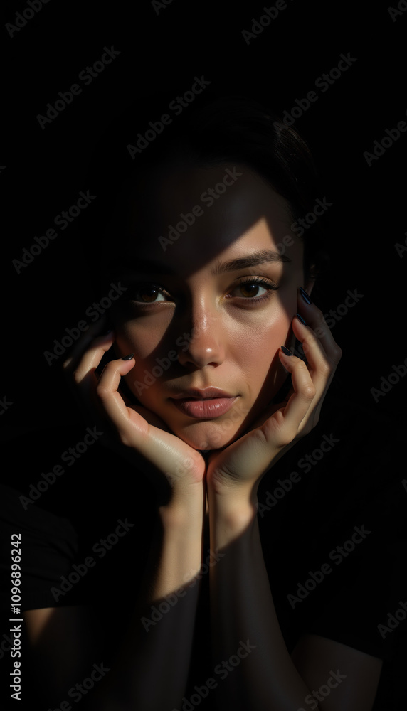 Artistic Close-Up Portrait of a Woman with Hands Framing Her Face, Highlighting Soft Light, Emotional Expression, and Detailed Facial Features in a Dark Background Artistic Close-Up Portrait of a Woman with Hands Framing Her Face, Highlighting Soft Light, Emotional Expression, and Detailed Facial Features in a Dark Background