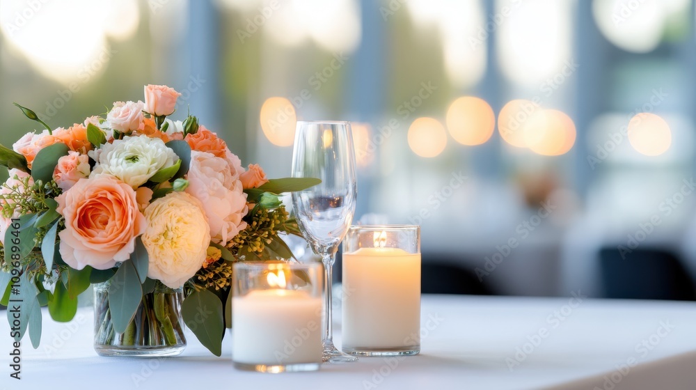 Obraz premium A romantic table setup with roses and a flickering candle, creating a dreamy and intimate ambiance perfect for special occasions, enhanced by soft bokeh in the backdrop.