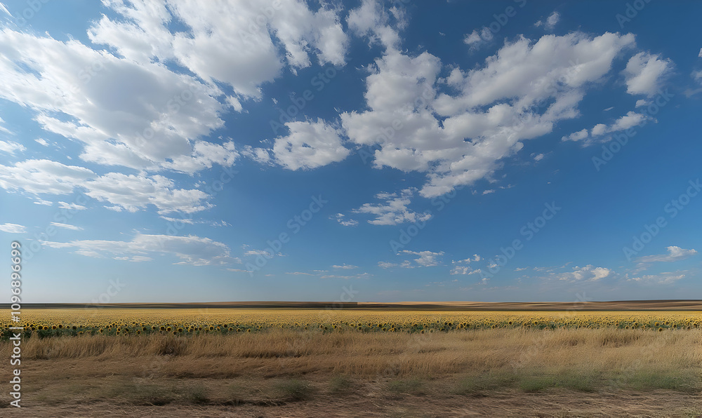 A serene landscape featuring a vast field under a blue sky with scattered clouds. A serene landscape featuring a vast field under a blue sky with scattered clouds.