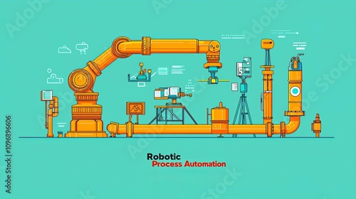RPA Robotic process automation innovation AI integration Vibrant illustration of robotic process automation in a factory setting.