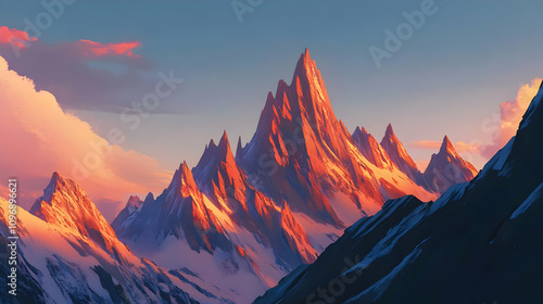 Majestic mountain range illuminated by sunset, showcasing vibrant colors and dramatic peaks.