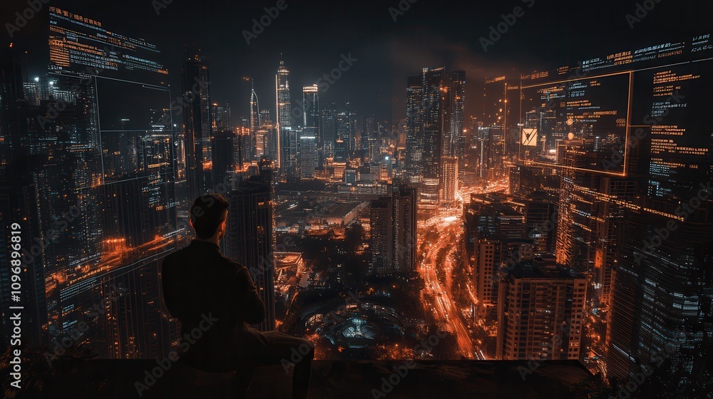 A silhouette of a person overlooking a vibrant, illuminated city skyline at night, showcasing a blend of modern architecture and glowing lights. A silhouette of a person overlooking a vibrant, illuminated city skyline at night, showcasing a blend of modern architecture and glowing lights.