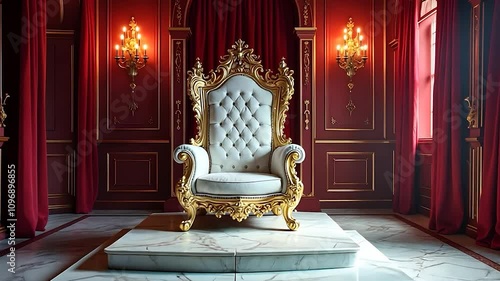 Ornate Gold and White Throne in Red Room with Wall Sconces