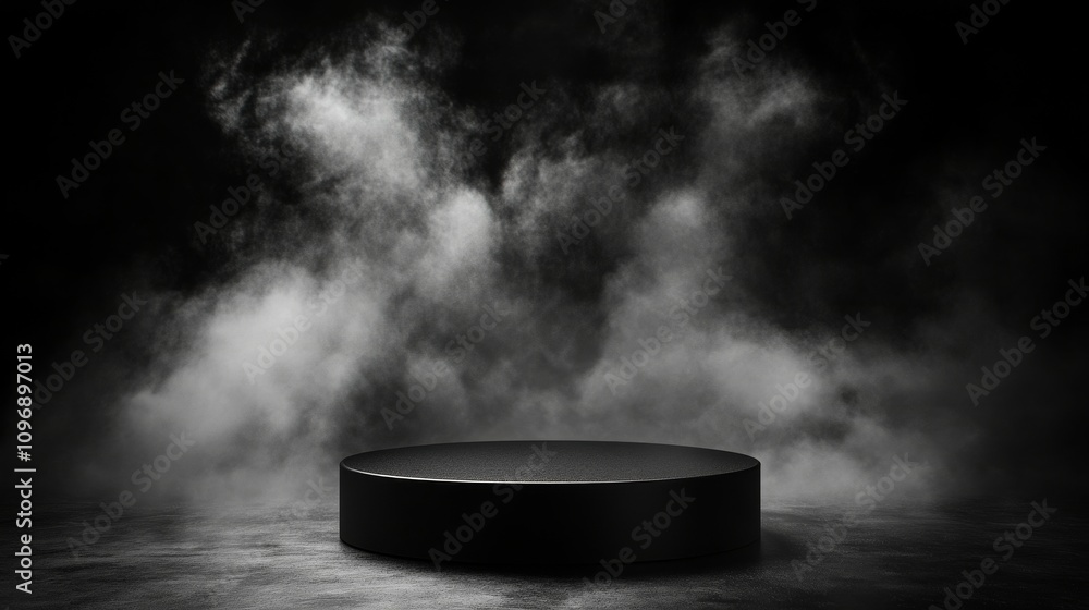 Minimalist black empty pedestal with dramatic lighting for product display or presentation Minimalist black empty pedestal with dramatic lighting for product display or presentation